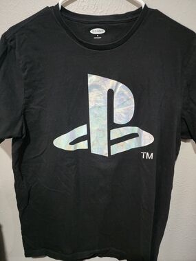 Old Navy Black T-Shirt with Iridescent PlayStation Logo